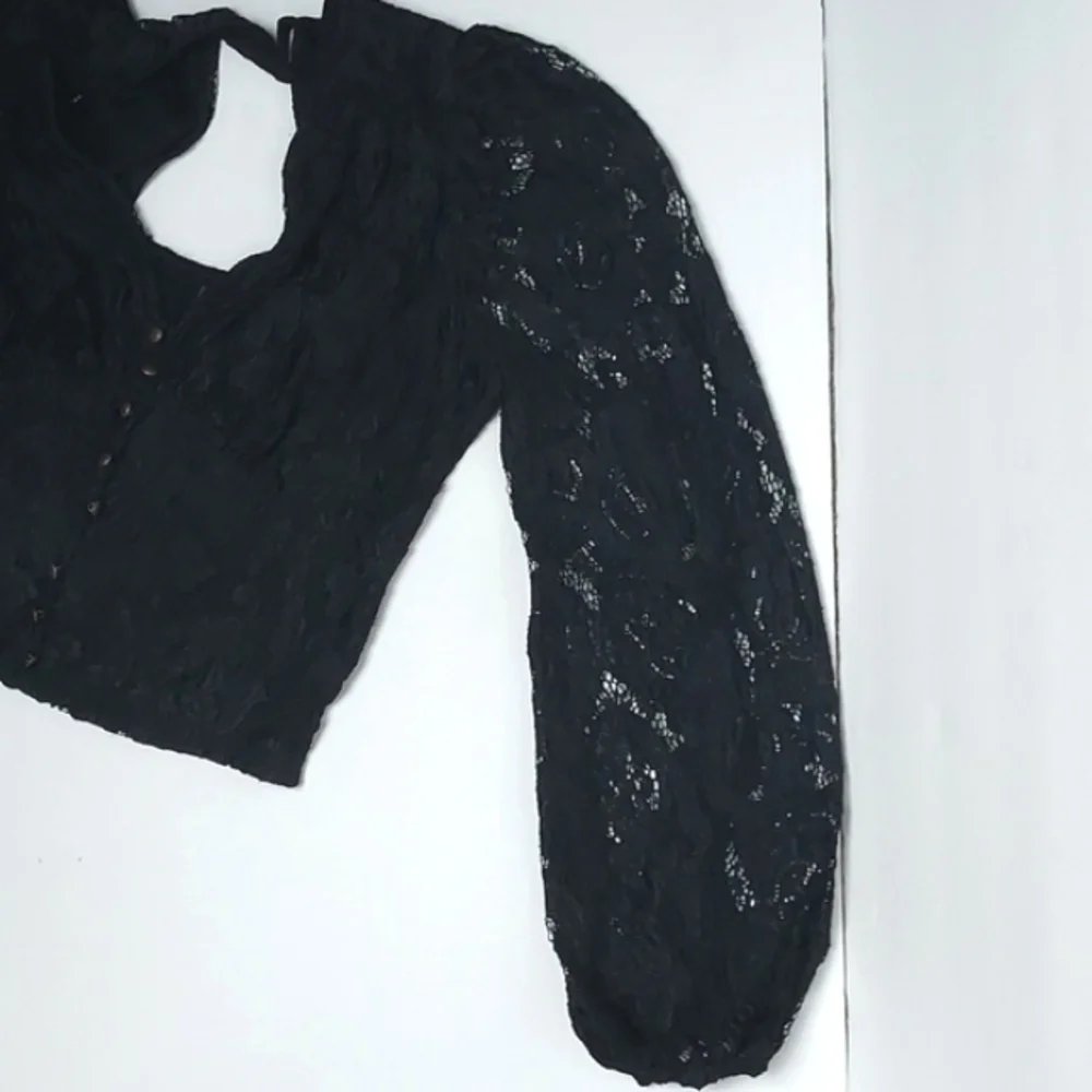 By Anthropologie Balloon-Sleeve Lace Wrap Blouse Black Small